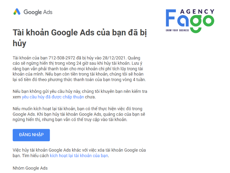 Thông báo về việc tài khoản đã bị hủy, cách kiểm tra trạng thái: