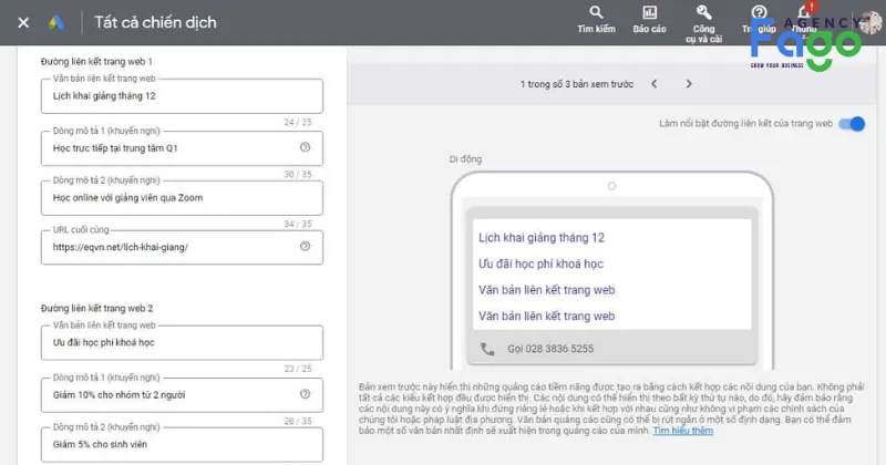 Tiếp tục nhập các thông tin của đường link thứ nhất gồm: văn bản hiển thị, dòng mô tả 1, 2 (nếu cần) và URL đính kèm