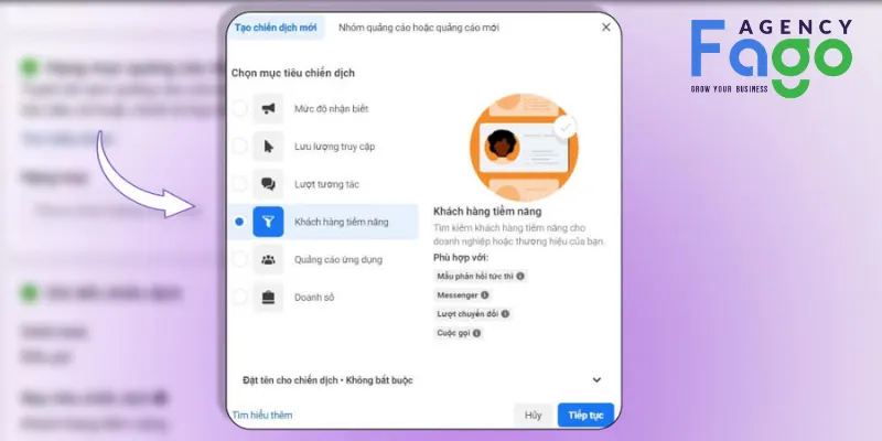 Tại giao diện chọn mục tiêu, chọn mục tiêu Khách hàng tiềm năng (Leads)
