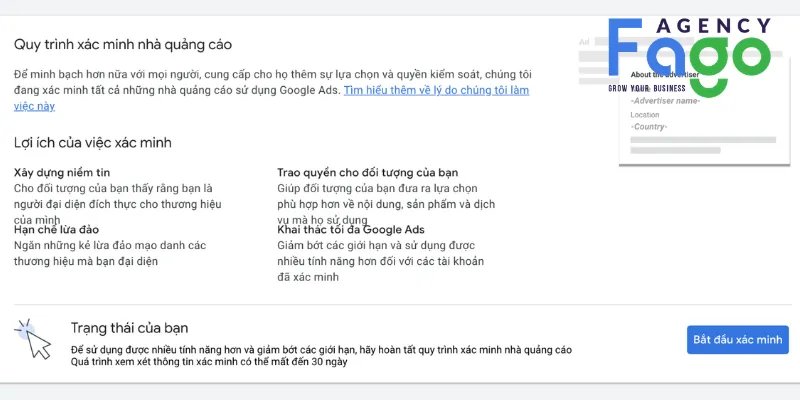 Bắt đầu quy trình xác minh nhà quảng cáo