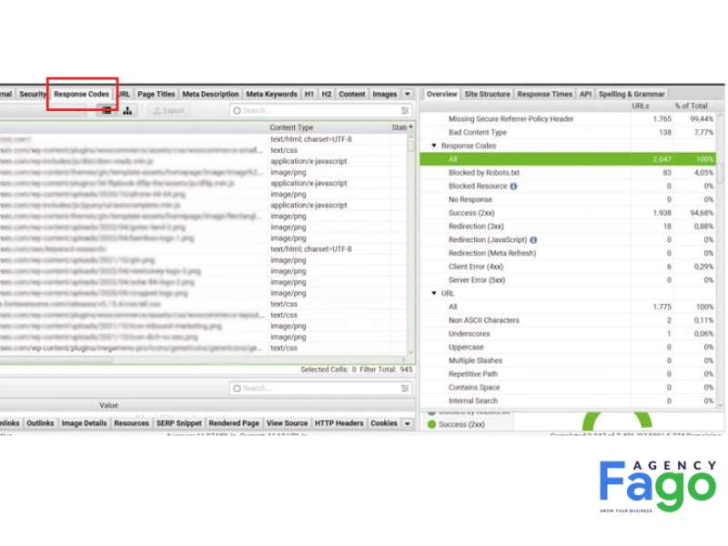 Chọn tab Response Codes -> All > Lọc loại lỗi > Nhấn Export để tải danh sách URL