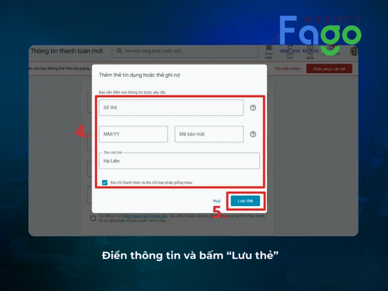 Nhập thông tin thẻ, đồng ý điều khoản, gửi xác nhận