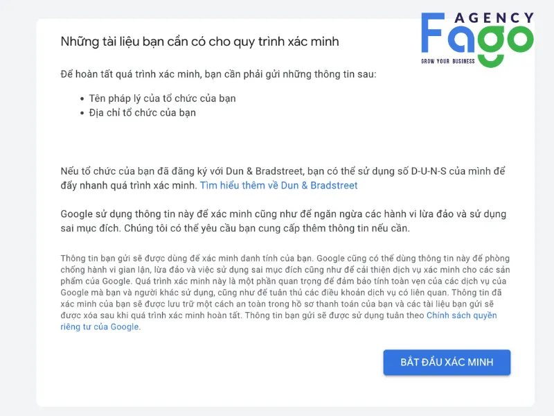 Bấm bắt đầu xác minh doanh nghiệp