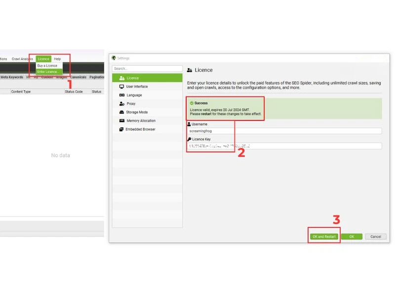 Chọn mục License -> Nhập Username và License Key đã mua ->Nhấn "Ok and Restart"