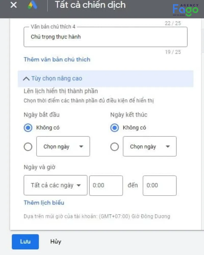Hoàn tất: Cài đặt Lịch hiển thị (Tuỳ chọn nâng cao, nếu cần), sau đó nhấn Lưu.