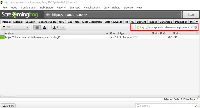 Nhận 1 URL cần kiểm tra trong tab Internal