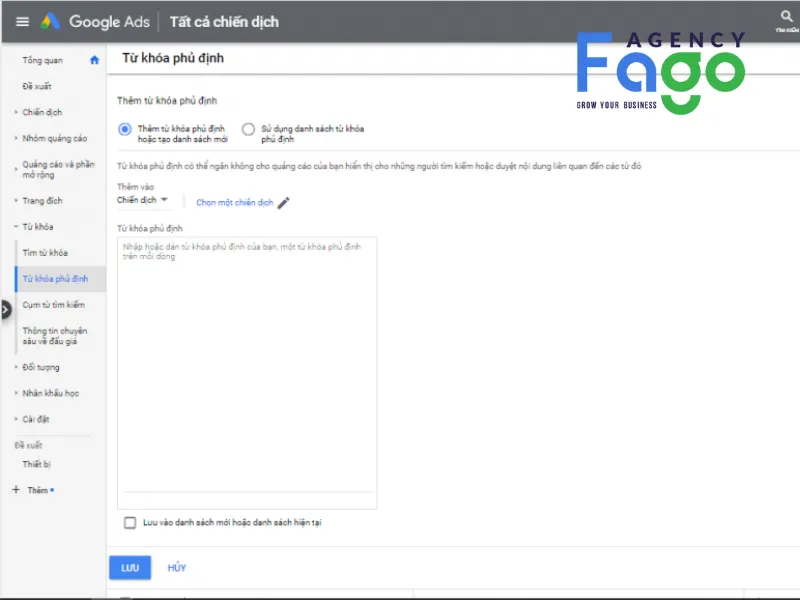 Tạo danh sách từ khóa phủ định chung