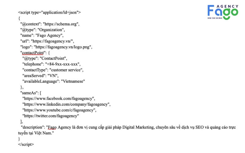 Ví dụ về đoạn mã Schema Organization để khai báo với Google
