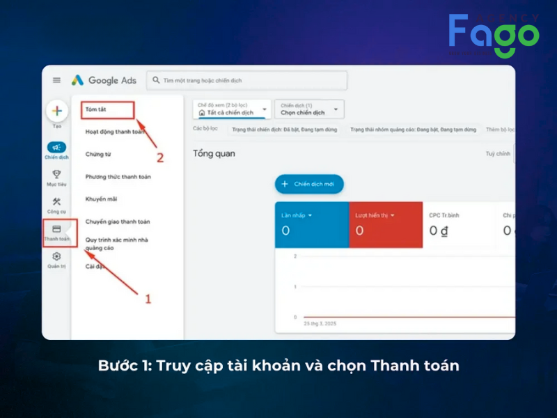 Bước 1: Đăng nhập tài khoản Google Ads và Truy cập vào phần thanh toán