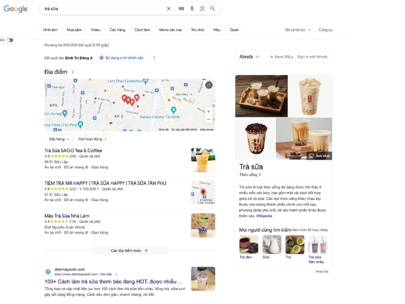 Từ khóa “Trà sữa” trên kết quả tìm kiếm của google