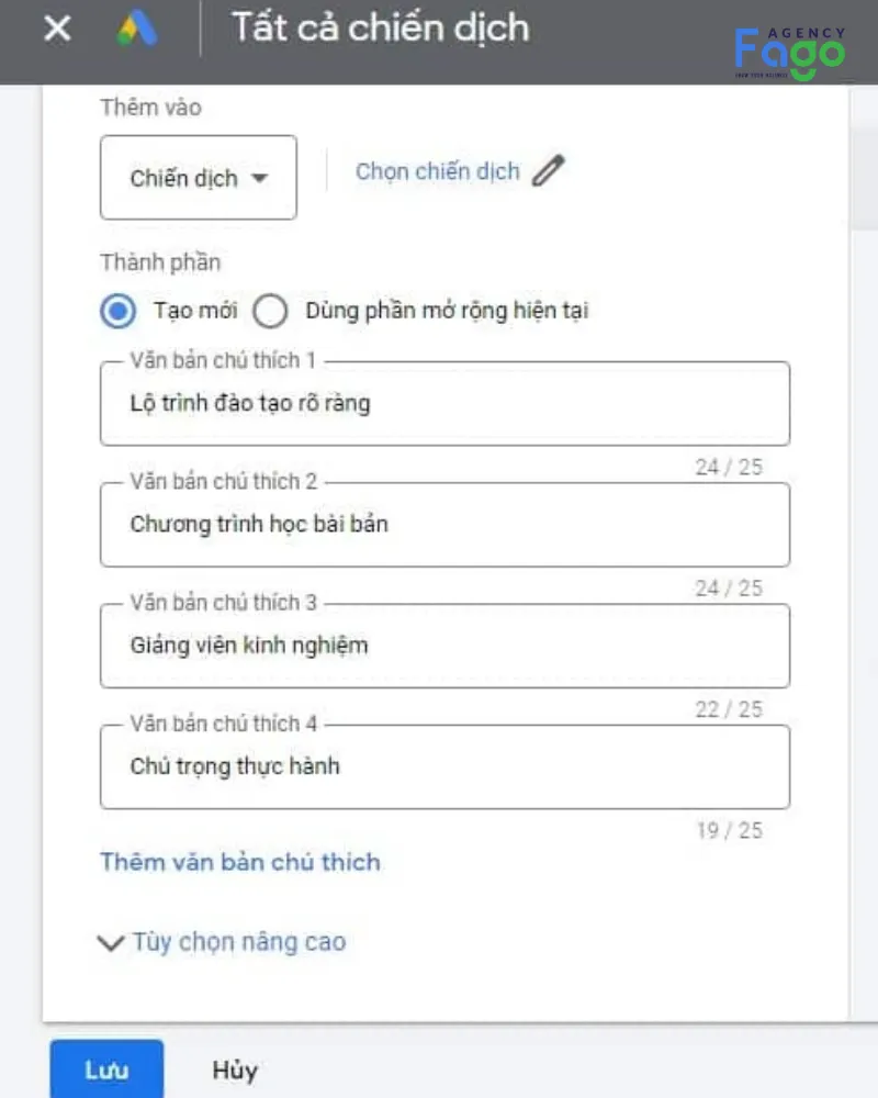 Nhấn vào nút Chú thích, chọn dấu cộng (+), áp dụng cho Chiến dịch và chọn Tạo mới
