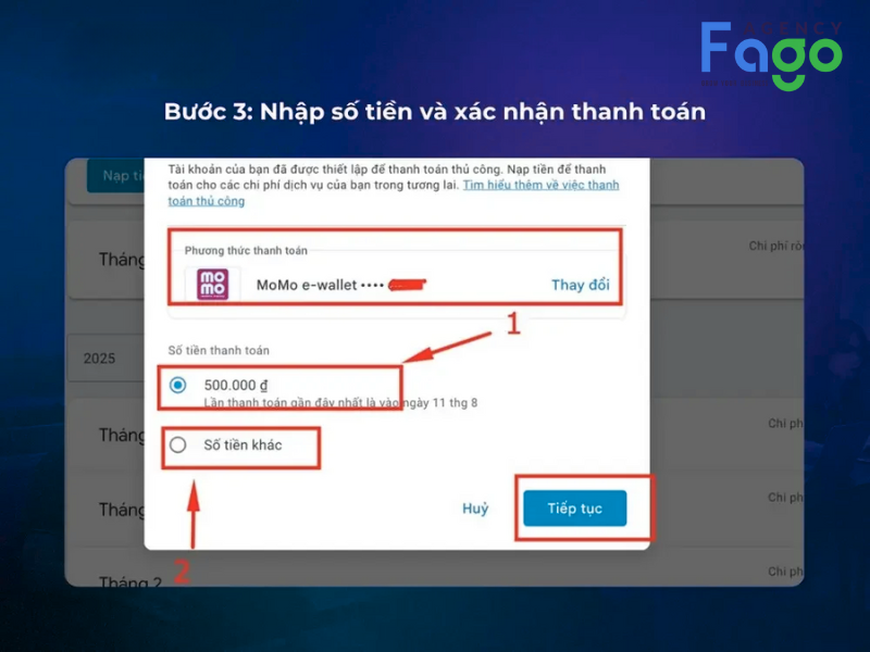 Bước 3: Chọn phương thức thanh toán và nhập số tiền, sau đó bấm xác nhận để nạp