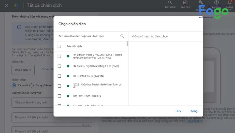 Tại mục Thêm vào, bạn chọn Chiến dịch, rồi bấm tick vào các chiến dịch mà bạn muốn áp dụng Tiện ích mở rộng, sau đó bấm Xong