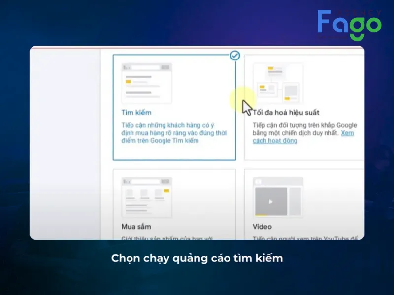chọn loại chiến dịch là “Tìm kiếm” (Search)
