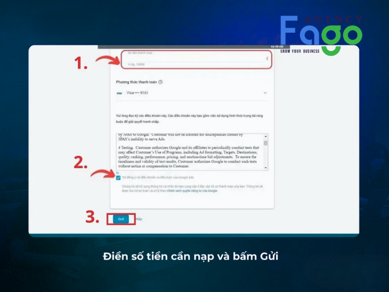 Điền số tiền cần nạp và bấm Gửi để hoàn tất quá trình thêm thẻ