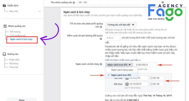 Thiết lập ngân sách (hàng ngày hoặc trọn đời)