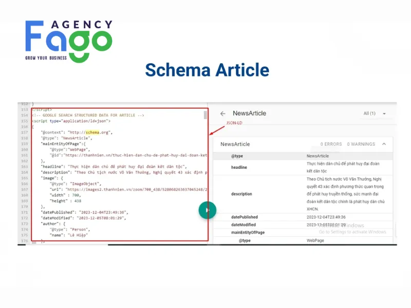 Ví dụ về Schema Article