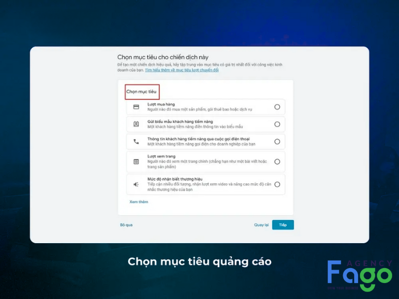 Chọn mục tiêu quảng cáo phù hợp