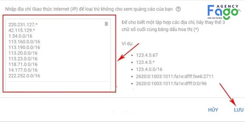 Lựa chọn chiến dịch => Tab Cài đặt => Kéo xuống dưới chọn loại trừ IP => Và nhập IP bạn muốn chặn