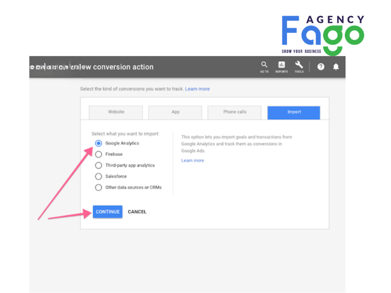 Chọn Google Analytics làm nguồn dữ liệu.