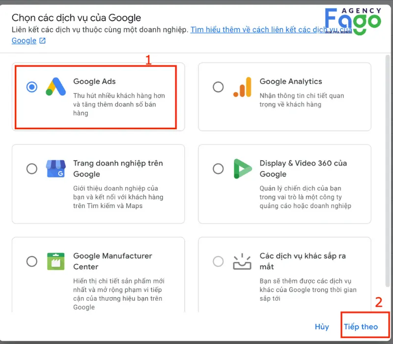 Tiếp tục chọn Google Ads để thực hiện liên kết