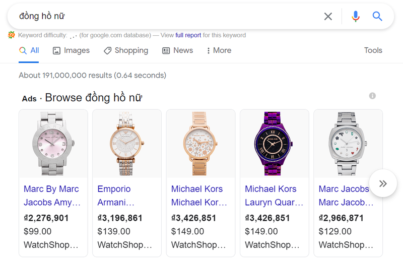 Nội dung hiển thị trên Google Shopping